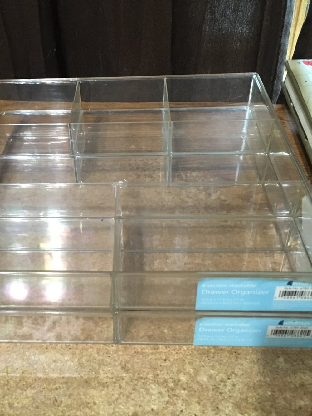 TWO WHITMOR 6-SECTION CLEAR DRAWER ORGANIZER 12" X 12" X 2"